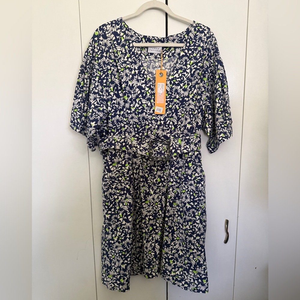 NWT Tanya Taylor Navy Floral Dress with Lime Green Accents and Belt